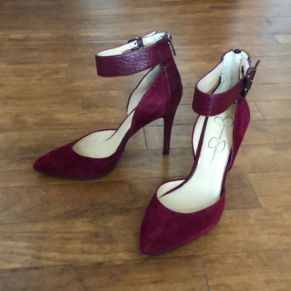 Jessica Simpson burgundy pumps w/ ankle strap